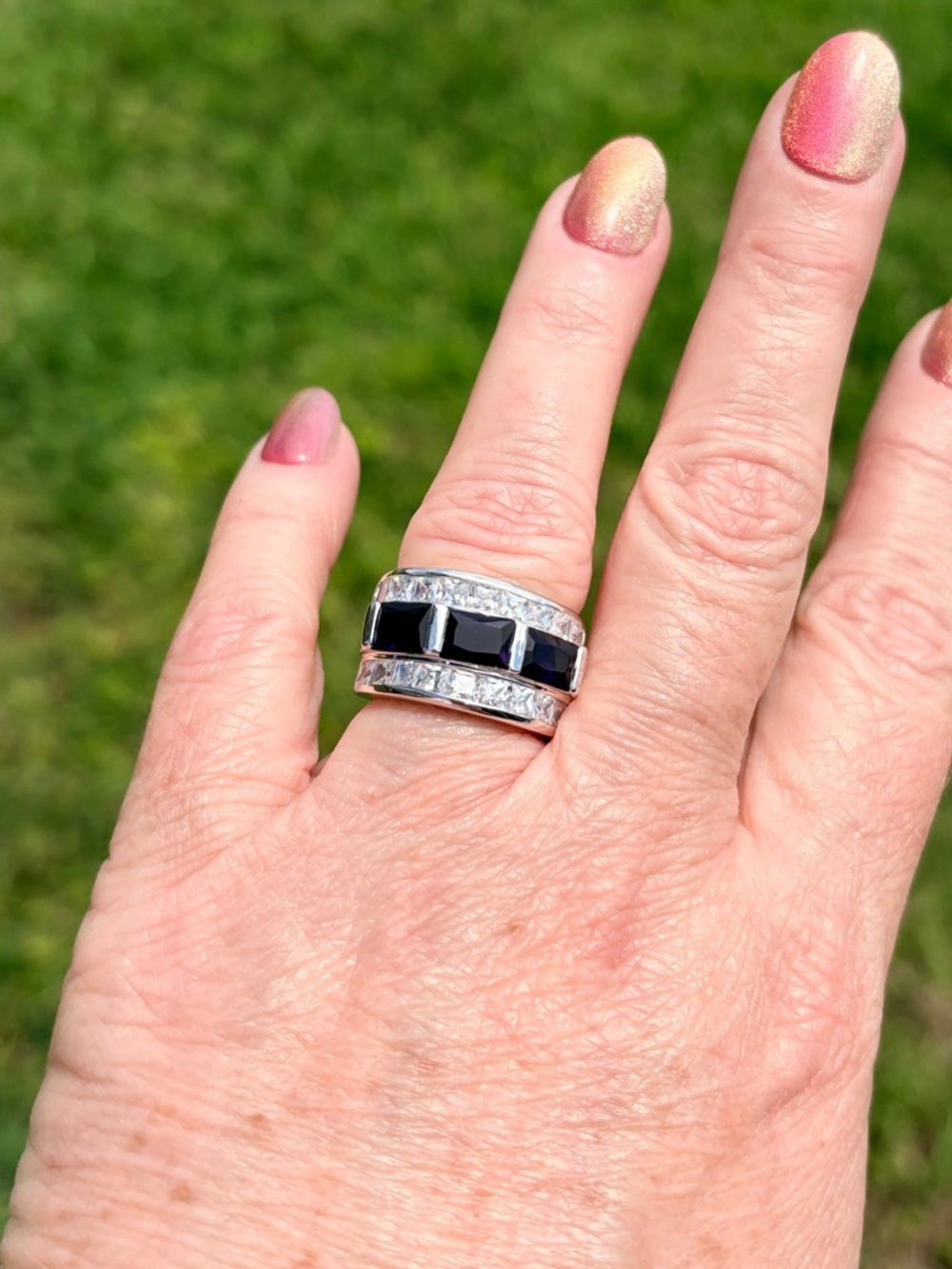 Camille Lucie Silver Black & Clear CZ Wide Band Ring